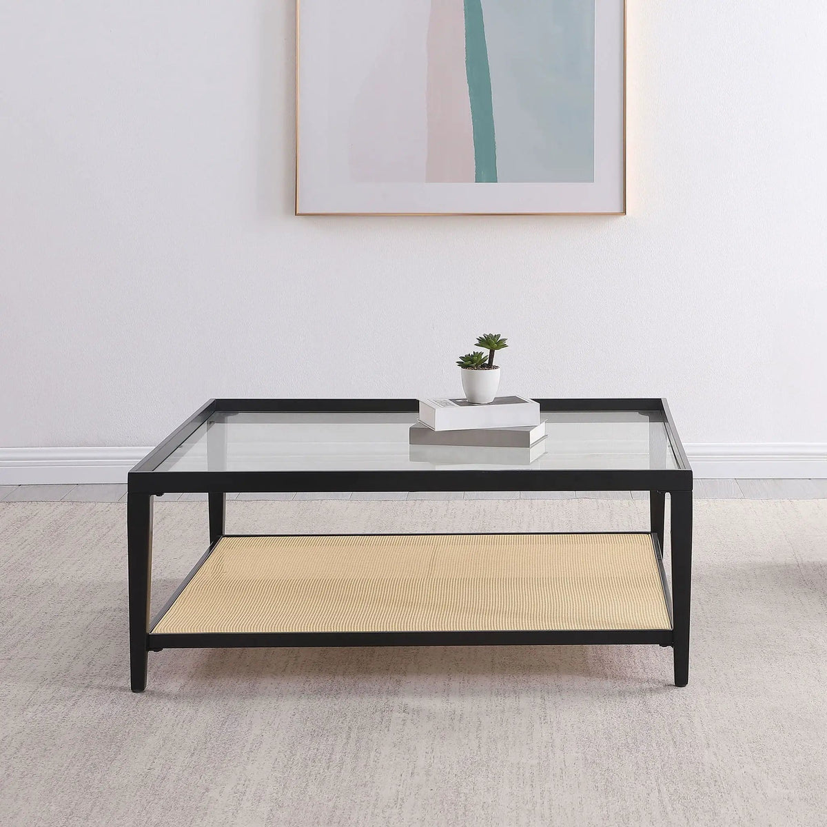 Amherst Glass Top Metal with Cane Shelf Coffee Table | 40 x 40 x 16 in | Rattan & Glass | Black