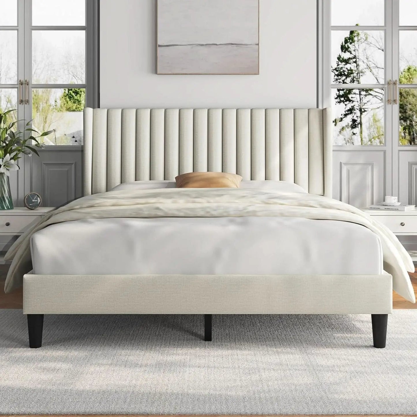 Queen Upholstered Platform Bed With Beige Headboard from PriceLows™