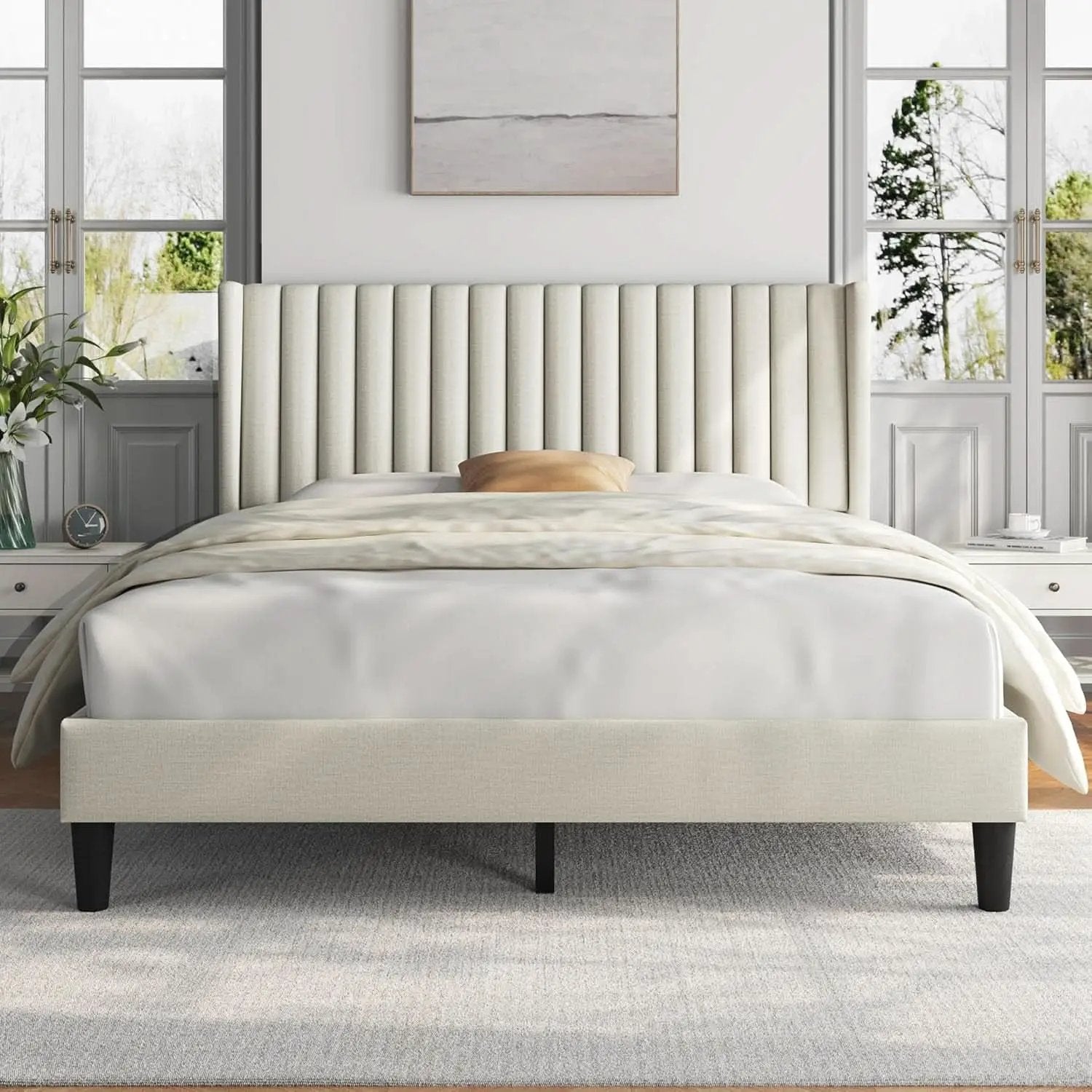 Queen Upholstered Platform Bed With Beige Headboard from PriceLows™