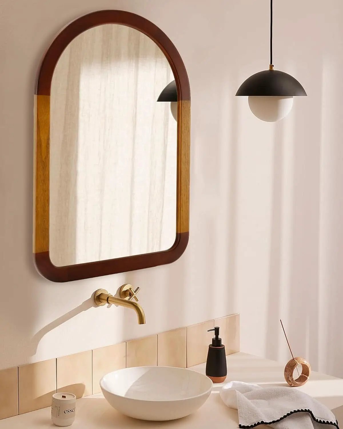 Arched Mirror 24x36 Walnut Brown Wood Frame Wall Mounted from PriceLows™