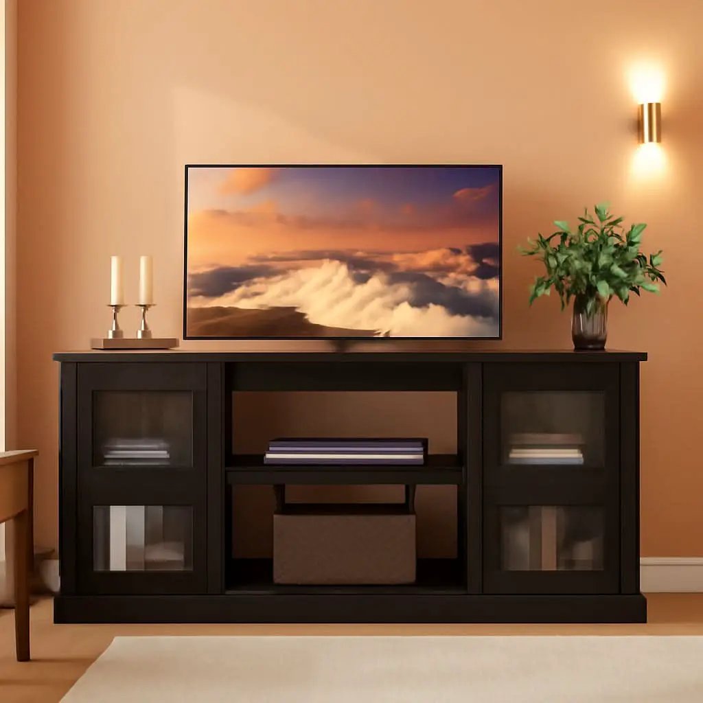 Retro TV Stand For 65 Inch TV With Storage And Open Shelves Black from PriceLows™