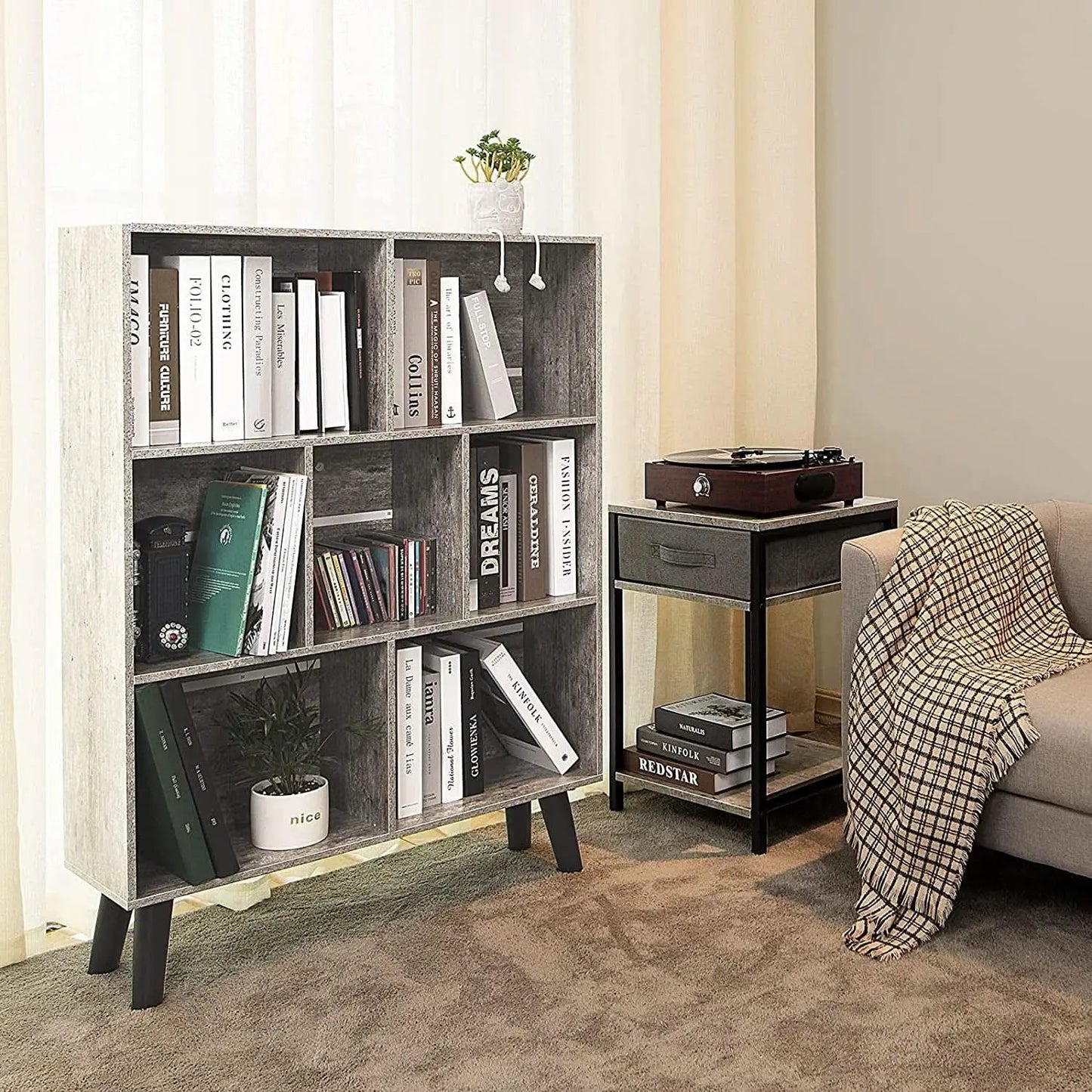 Three Tier Grey Bookshelf For Small Spaces With Crisscross from PriceLows™