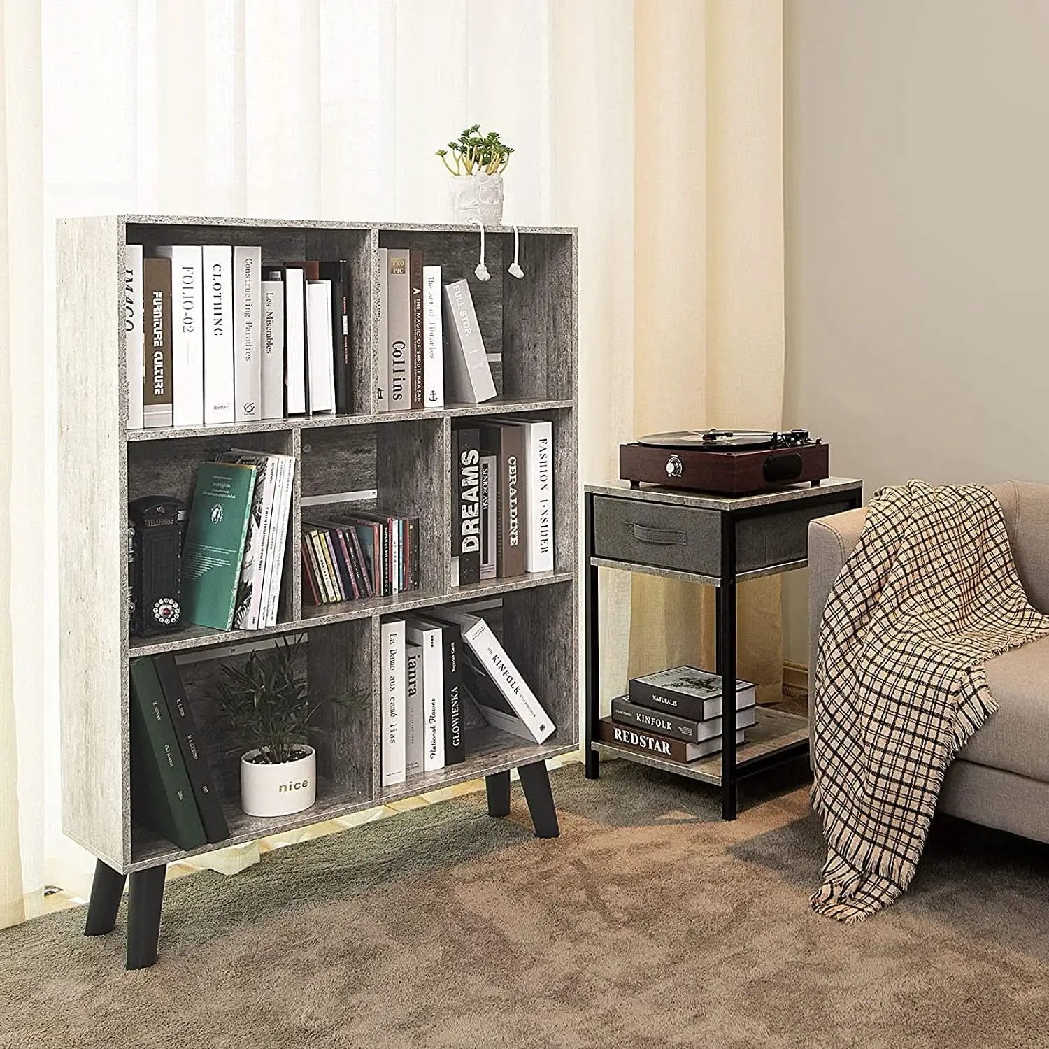 Three Tier Grey Bookshelf For Small Spaces With Crisscross from PriceLows™