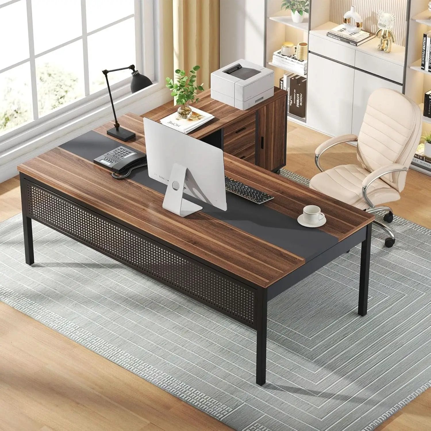 71 Inch Walnut Executive L Shaped Desk With File Cabinet from PriceLows™