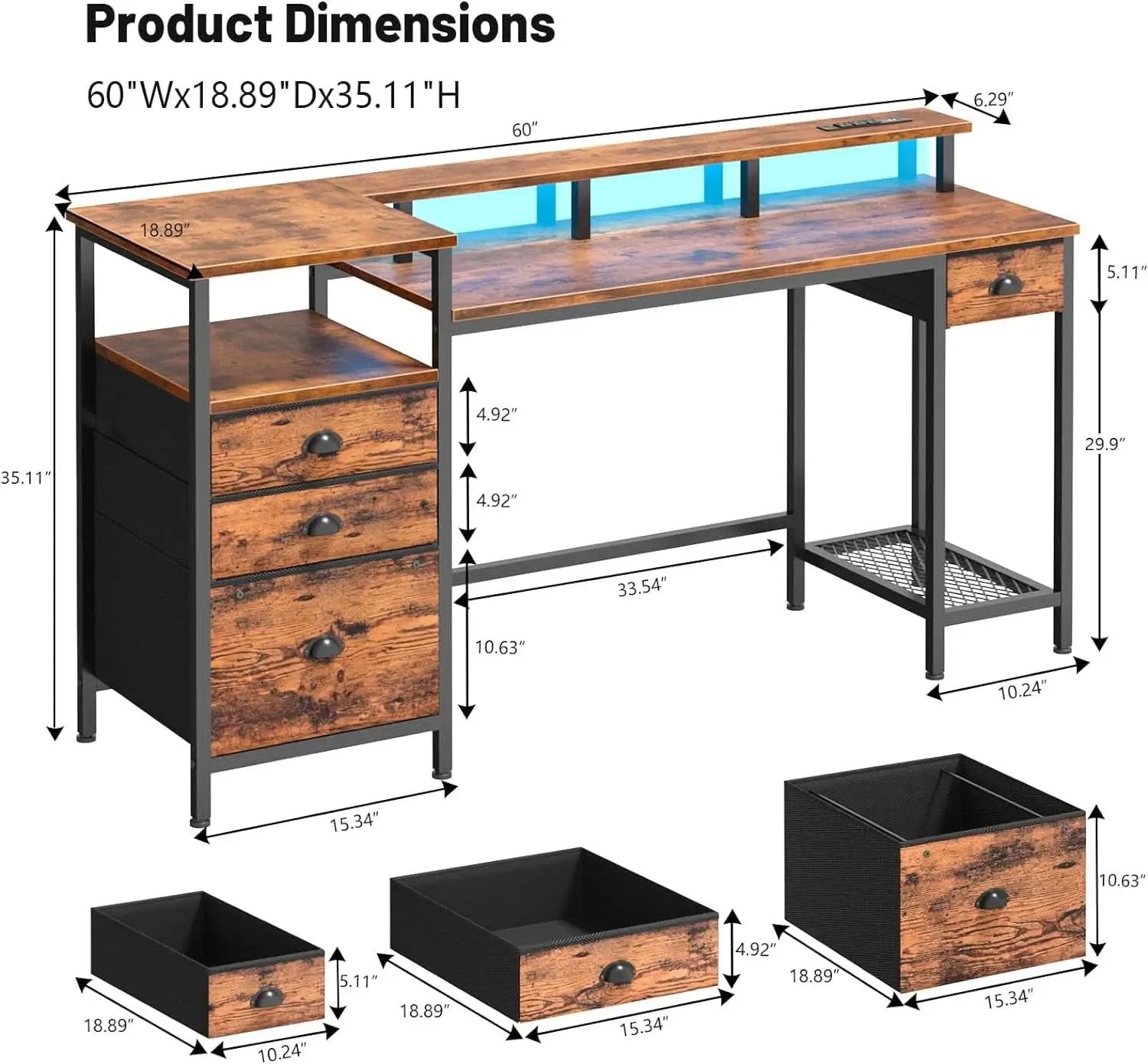 60 Inch Computer Desk With Storage Drawers And LED Lights from PriceLows™