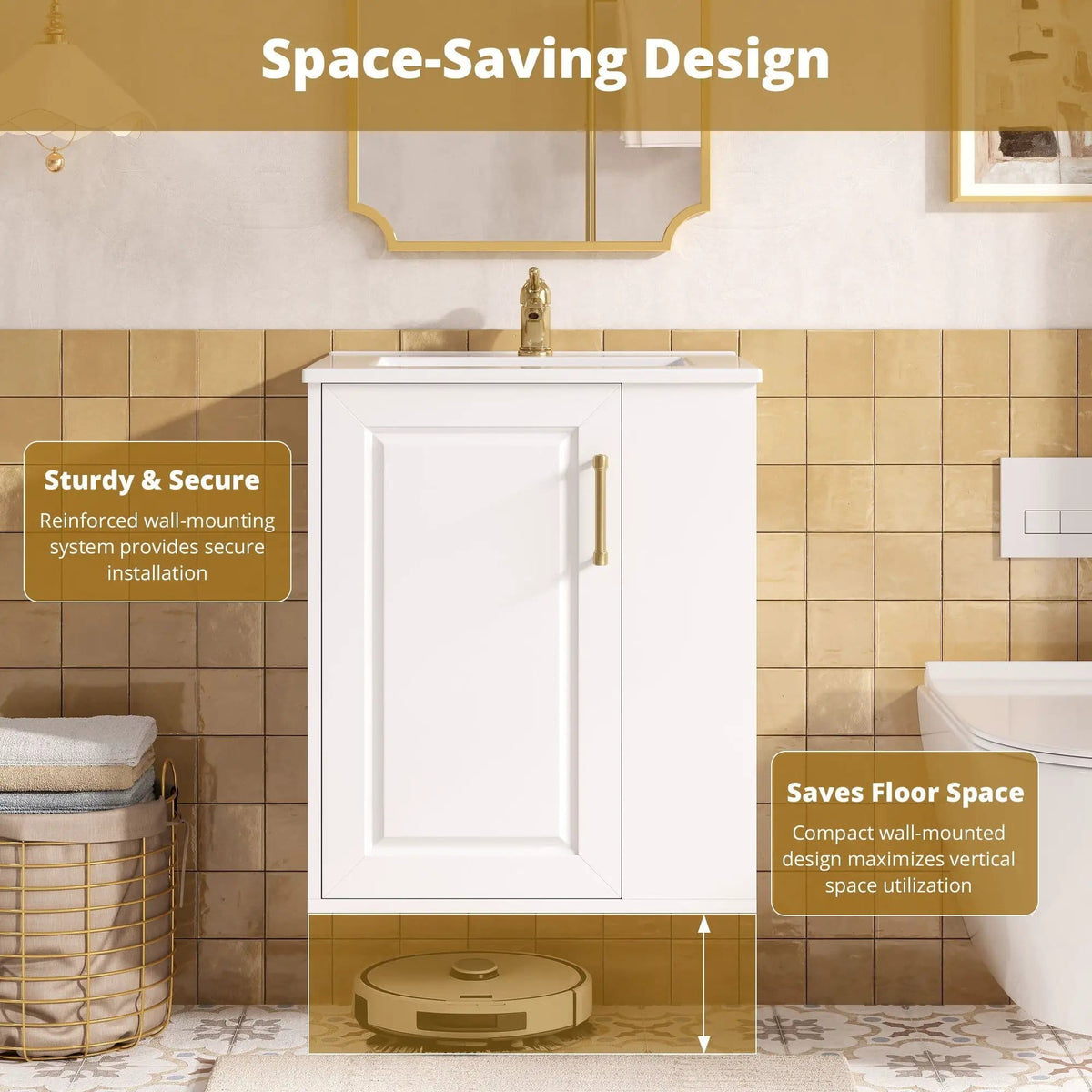 Wall Mounted Bathroom Cabinet With Side Shelf Combo, Vanity With Sink - | 20.3 x 18.5 x 24 in | Solid Wood & Ceramic | White