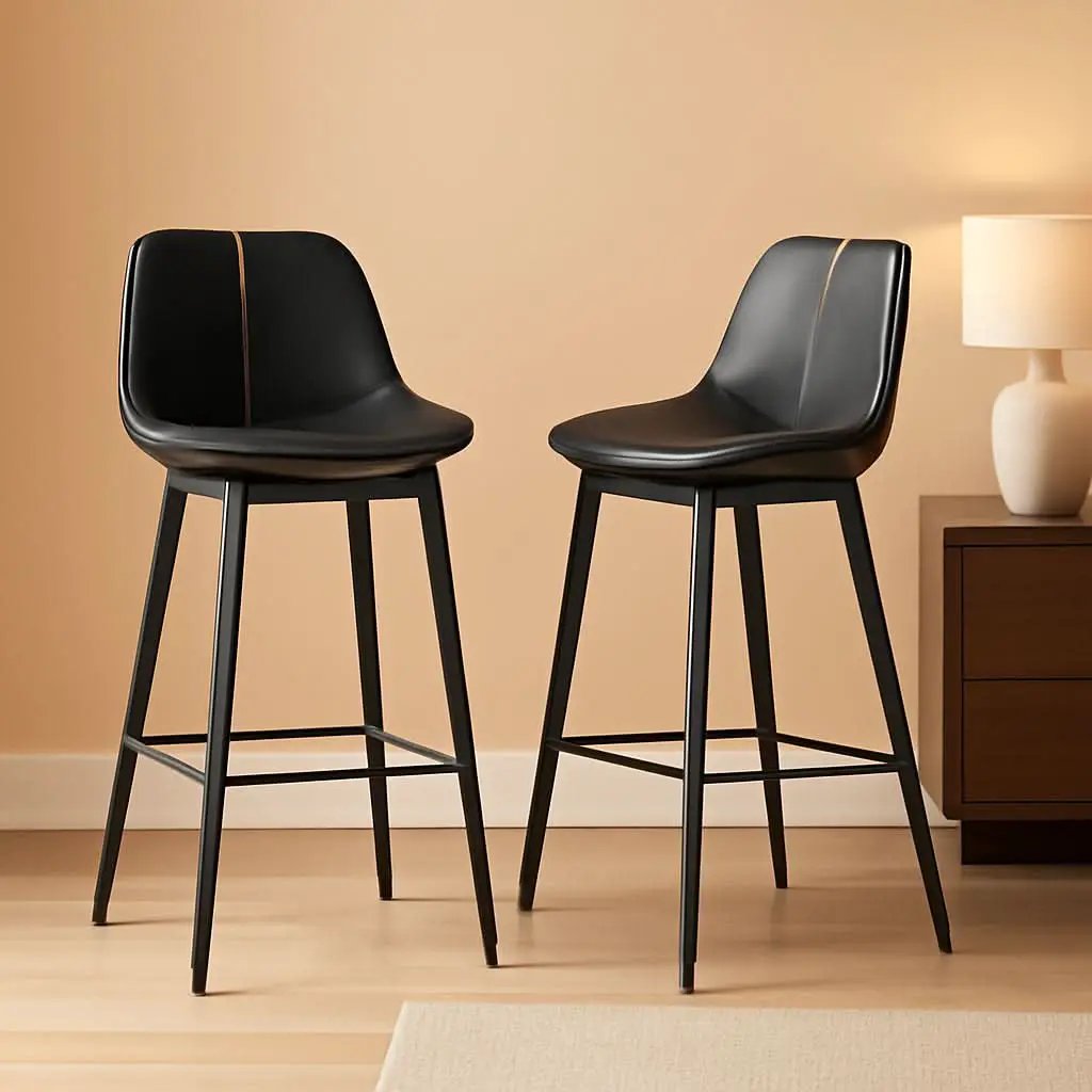 Bar Stools Set Of 2 Ink Black Synthetic Leather Bar Height Back Ergonomic from PriceLows™