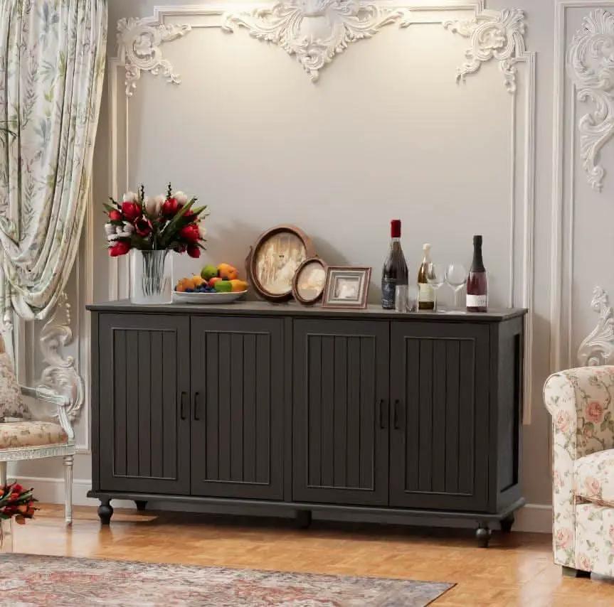 Black 62 Inch Coffee Bar Cabinet Four Doors Storage from PriceLows™