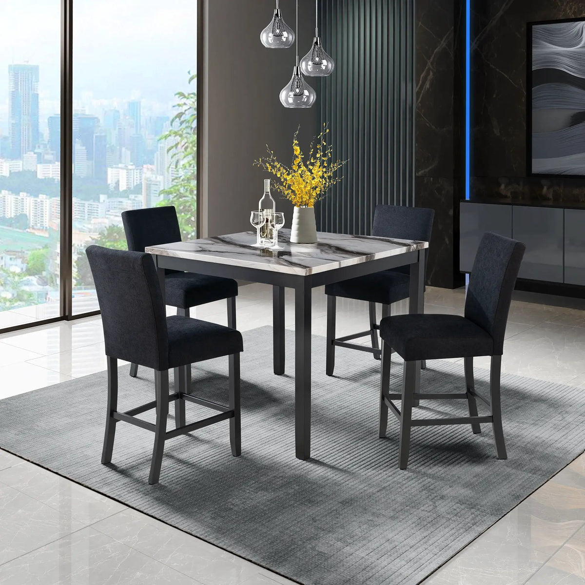 Leoncia Bar Table And Stool Set | 5-Piece | 4 Bar Stools | Espresso And White