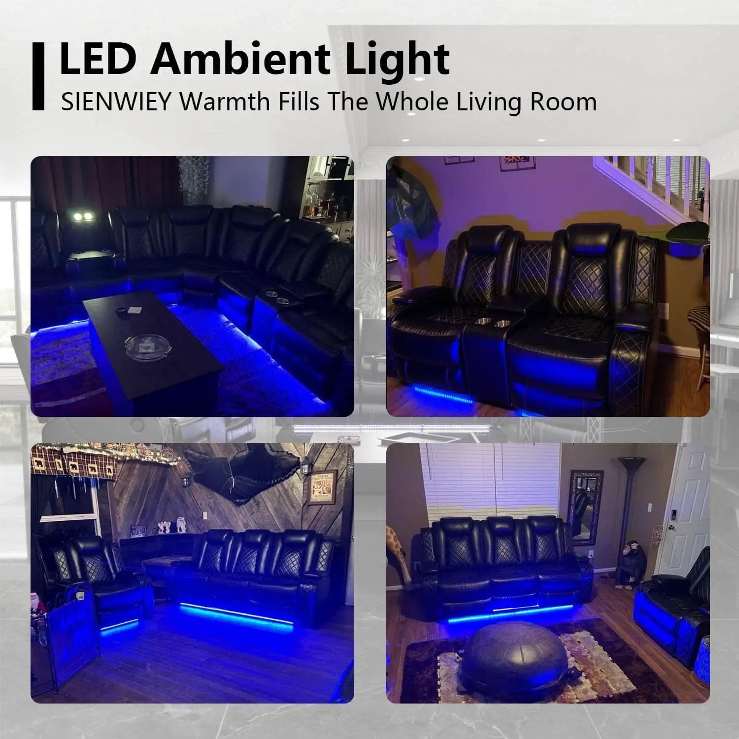 Black Leather Reclining Sofa Set With LED Light Living Room from PriceLows™