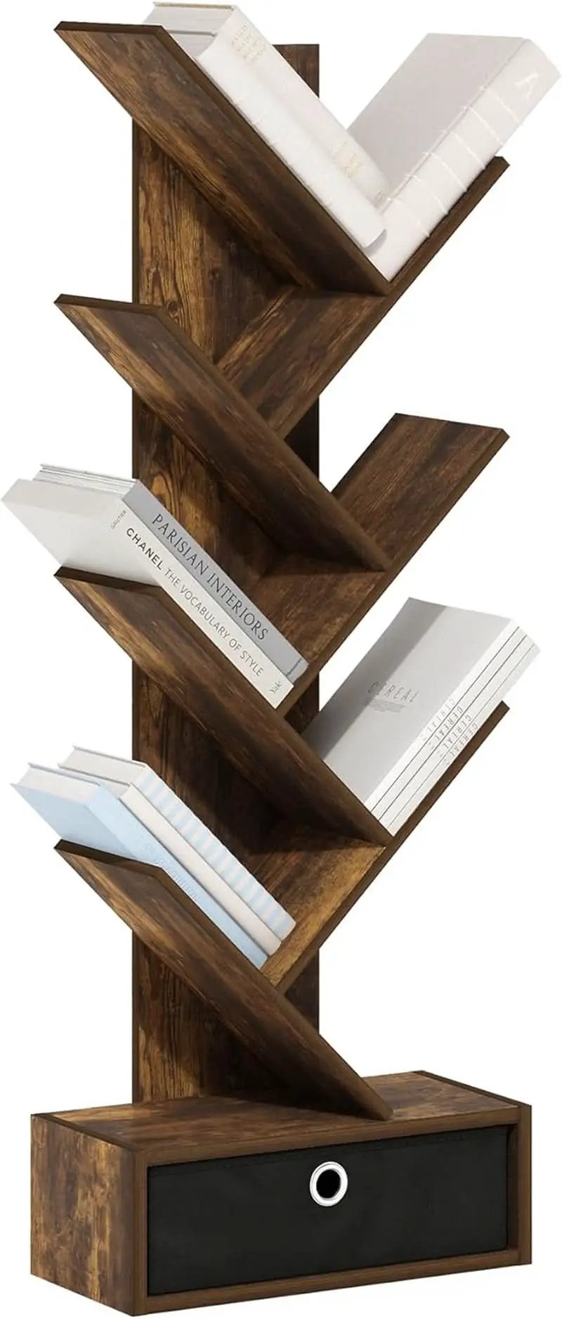 Tree Bookshelf 7 Tier Floor Standing Bookcase Amber Pine Black from PriceLows™