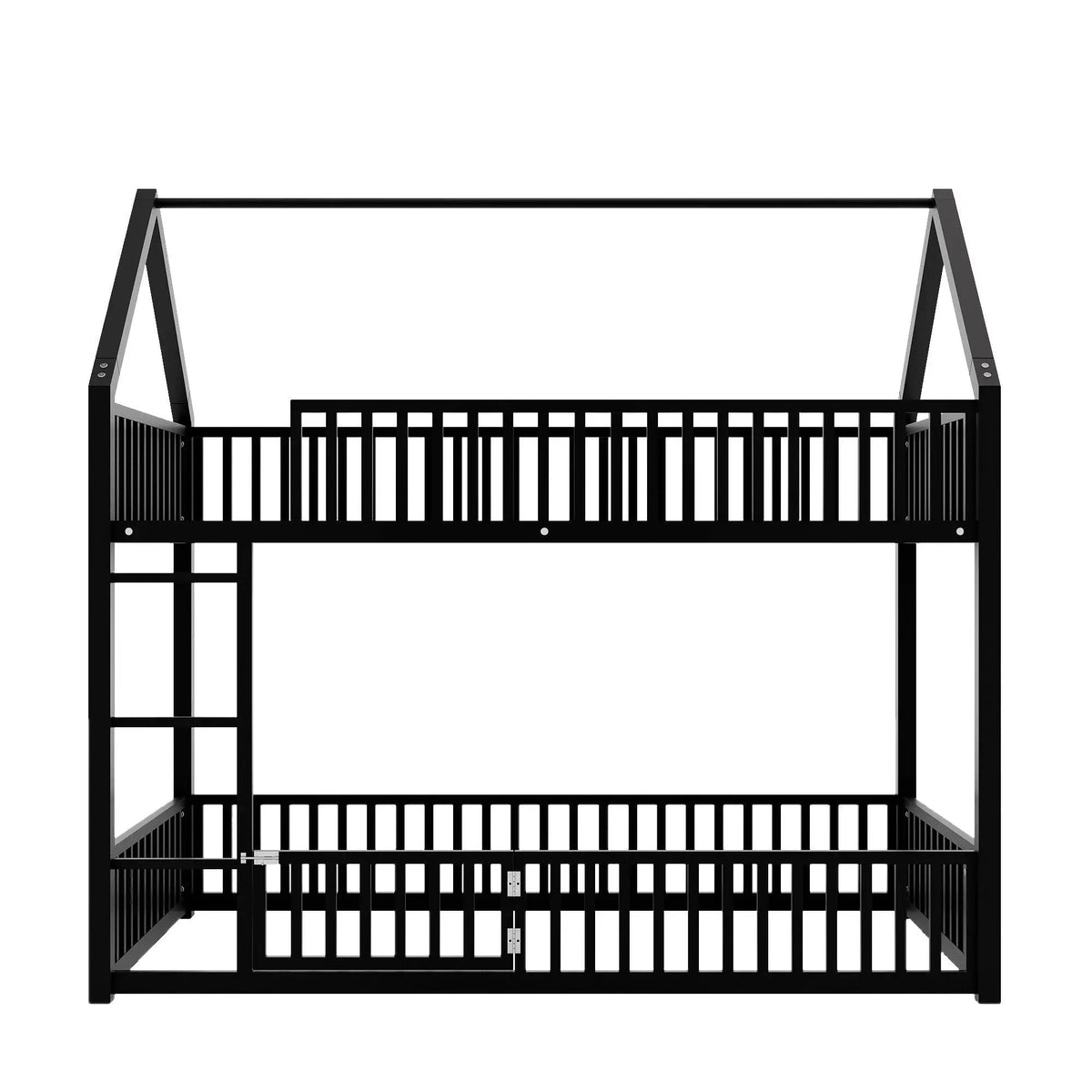 Metal House Bunk Bed | Twin Size | With Fence and Built-In Door