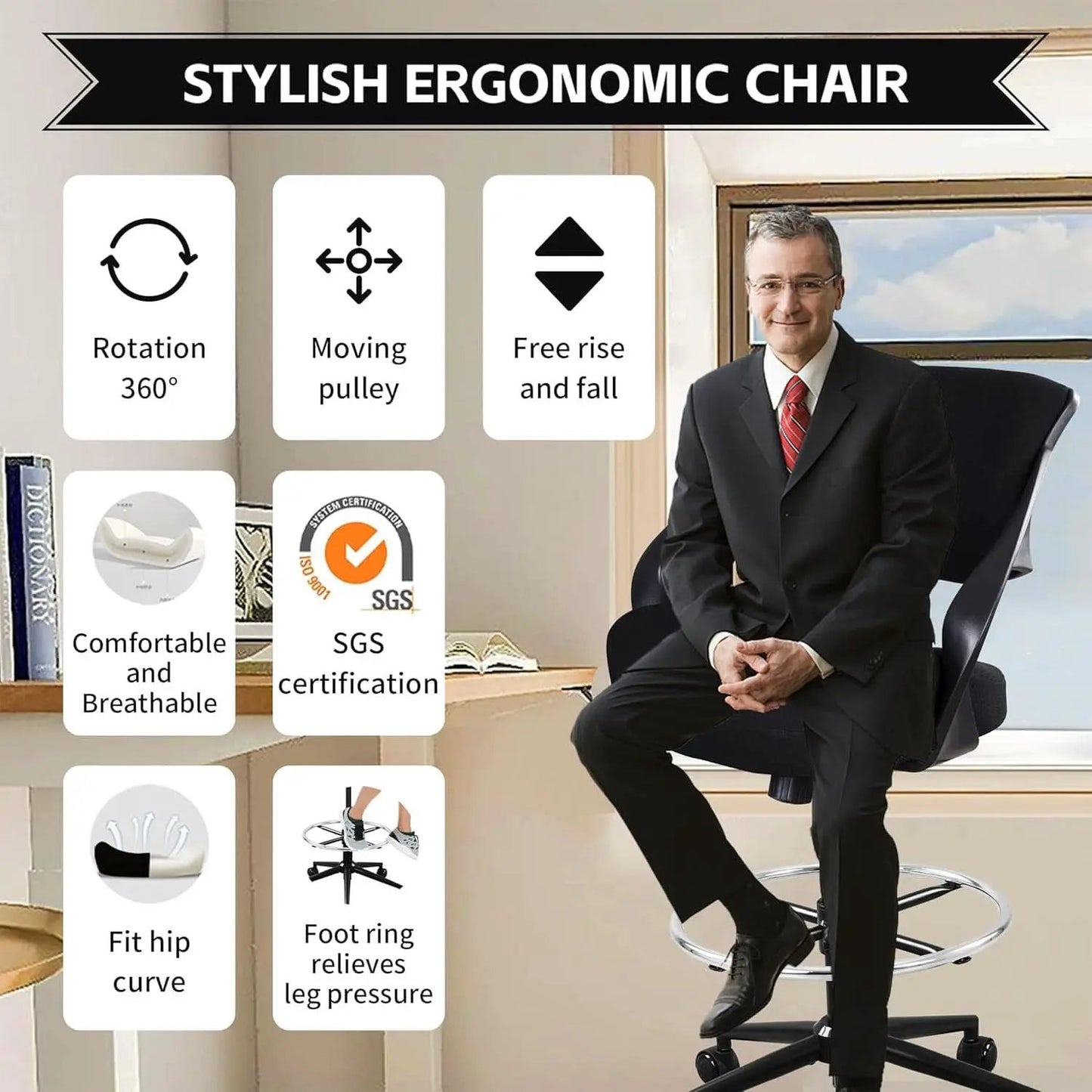 Ergonomic Drafting Chair With Lumbar Support And Foot Ring Black from PriceLows™