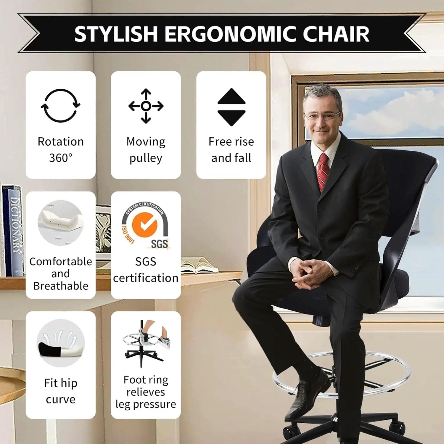 Ergonomic Drafting Chair With Lumbar Support And Foot Ring Black from PriceLows™