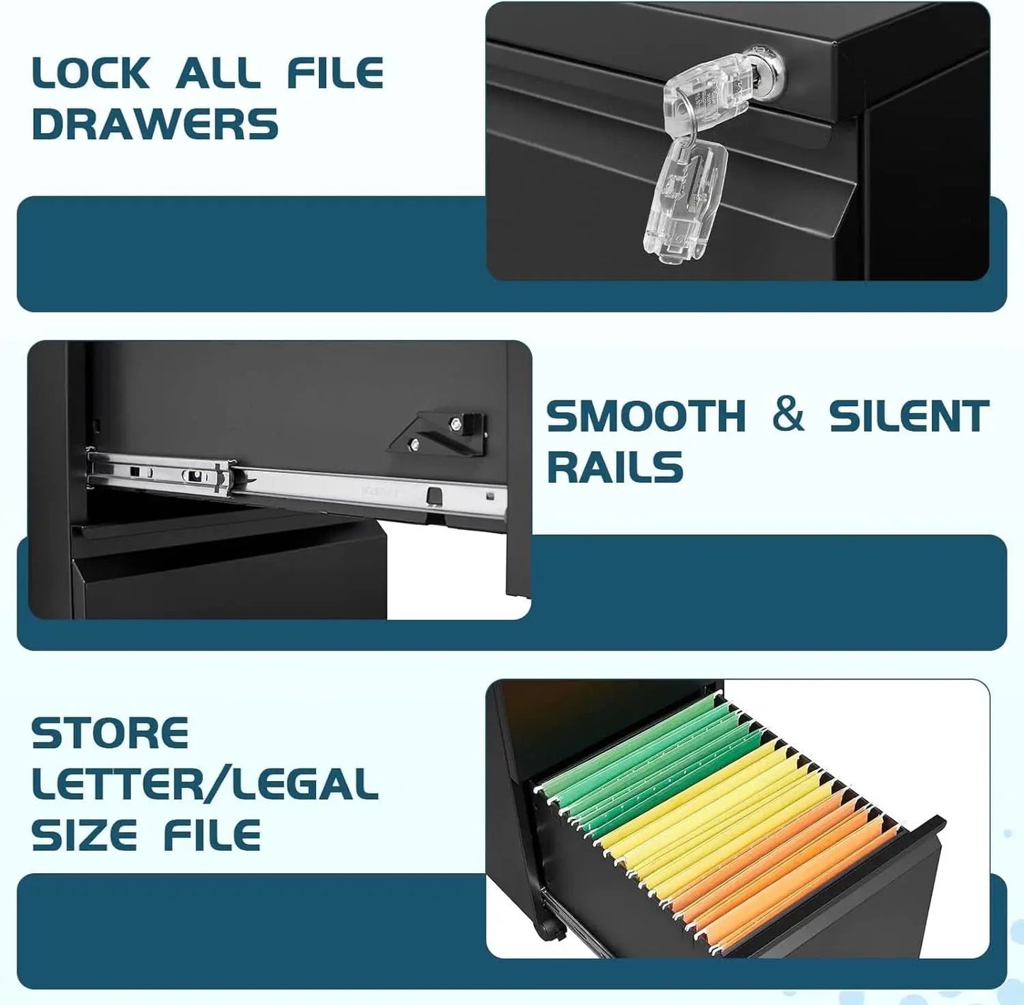 Three Drawer File Cabinet On Wheels With Lock Black Metal from PriceLows™