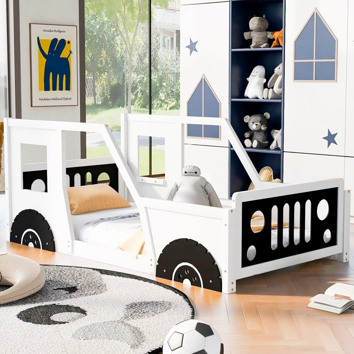Car Shaped Platform Bed | Solid Pine Wood | Decorative Wheels