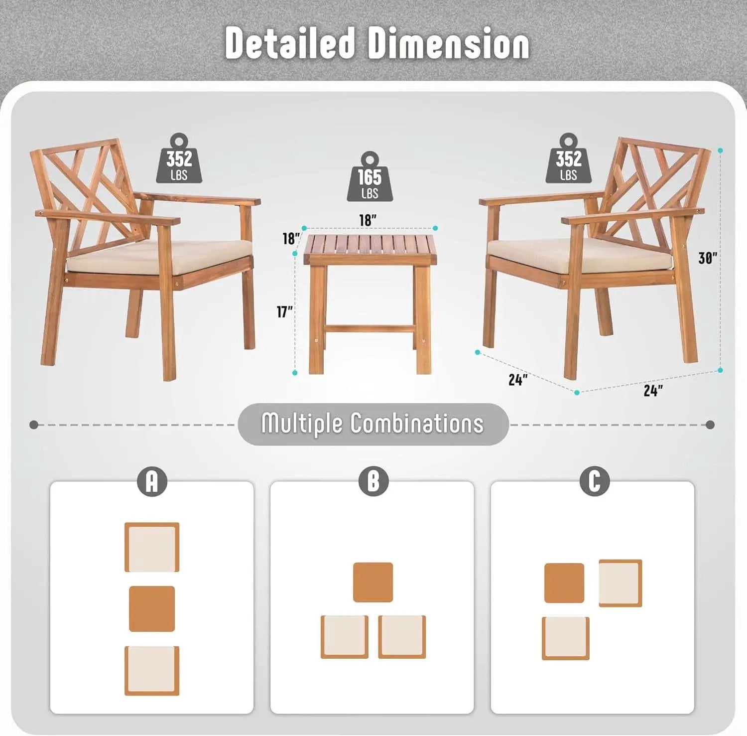 3 Piece Outdoor Patio Furniture Set Acacia Wood Cushioned Chairs And Coffee Table from PriceLows™