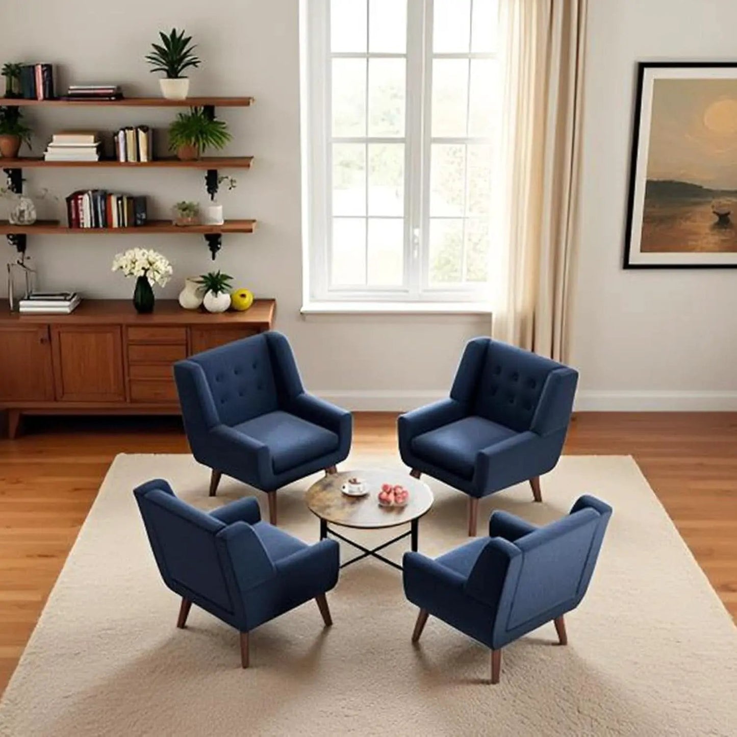 Dark Blue Linen Upholstered Tufted Midcentury Armchair from PriceLows™