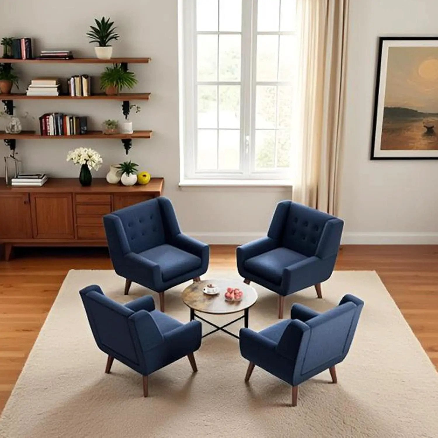 Dark Blue Linen Upholstered Tufted Midcentury Armchair from PriceLows™