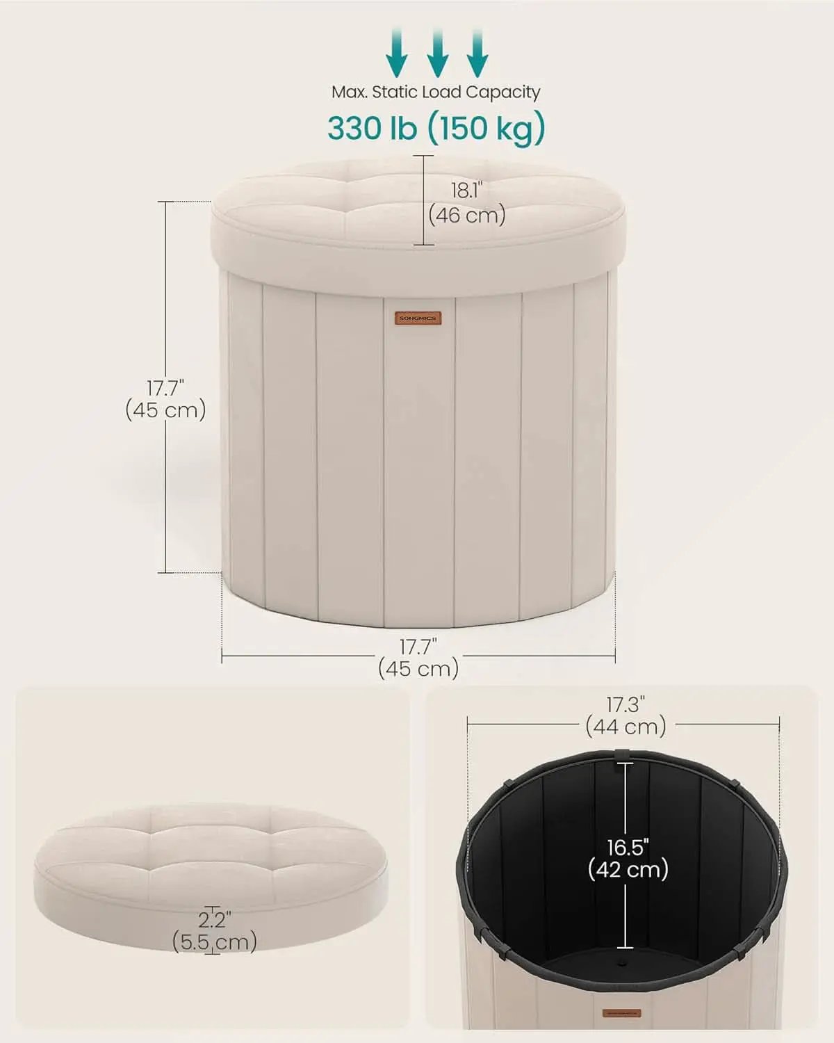Round Folding Storage Ottoman Cappuccino Beige Velvet from PriceLows™