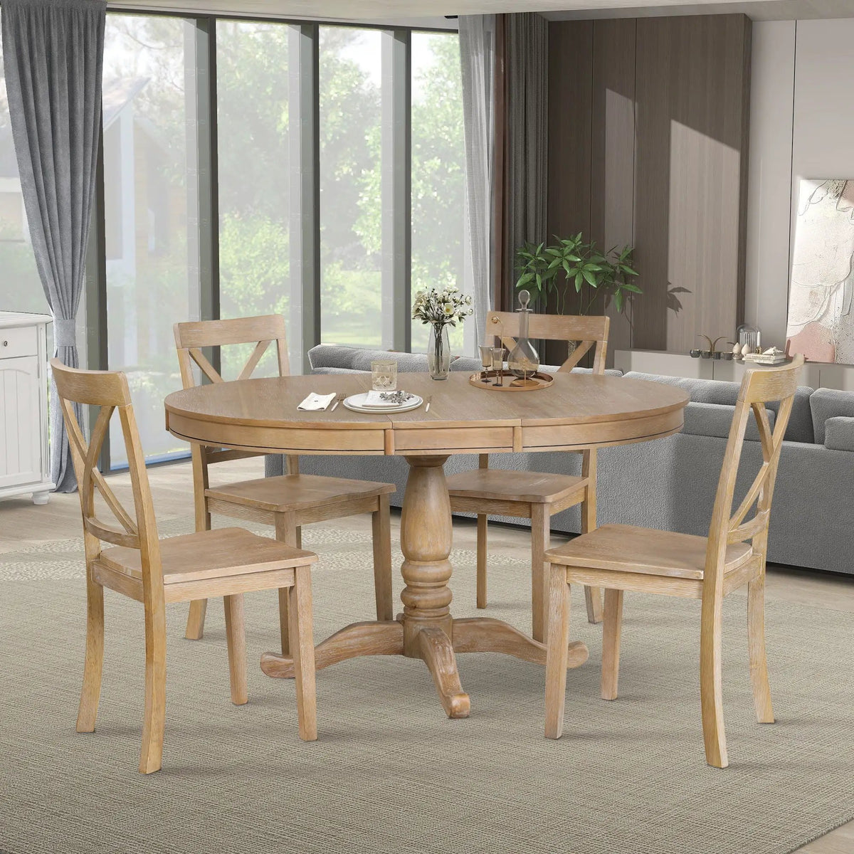 Round Dining Table Set | 4 Matching Chairs | Modern Design | Rubberwood Top