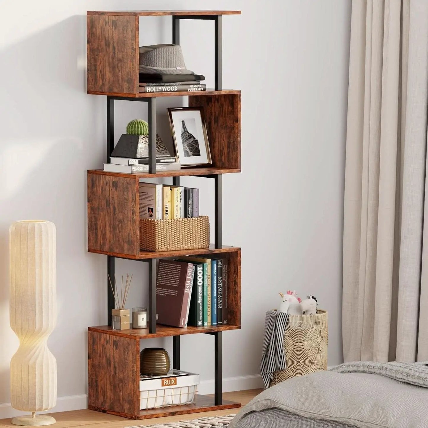 S Shaped 6 Tier Bookshelf Wood And Metal Room Divider from PriceLows™