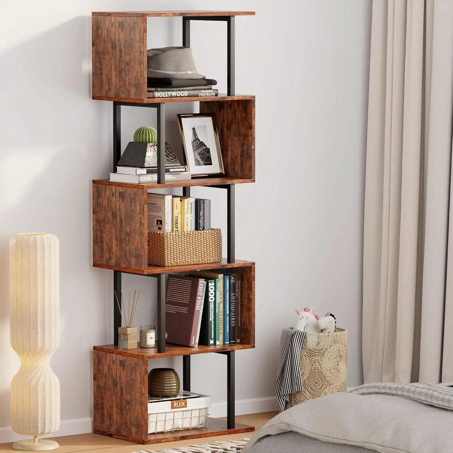 S Shaped 6 Tier Bookshelf Wood And Metal Room Divider from PriceLows™