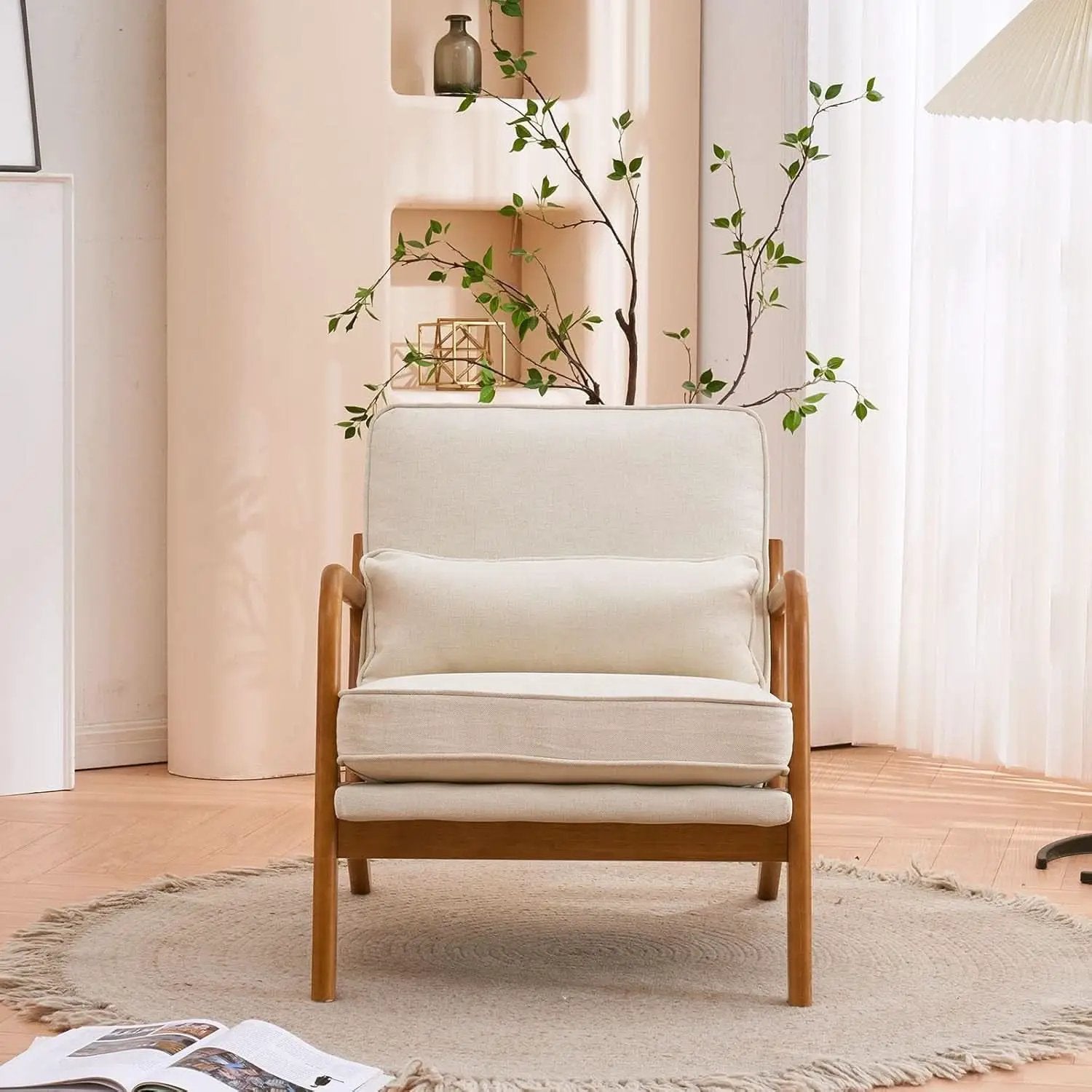 Beige Linen Fabric Mid Century Upholstered Accent Chair from PriceLows™