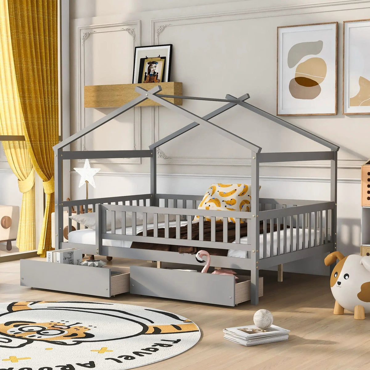 Kids House Bed With 2 Drawers | Sky Roof Design | Classic House Shape | 62.9 Inch Height