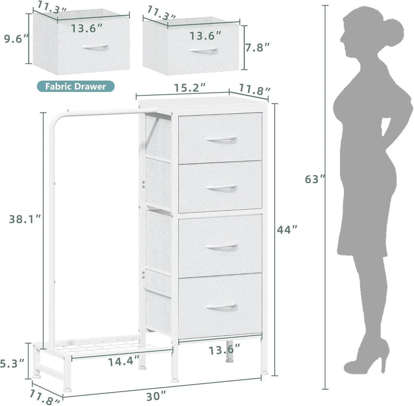 Dresser With Hanging Rack 4 Drawer White 44 Inch Tall from PriceLows™