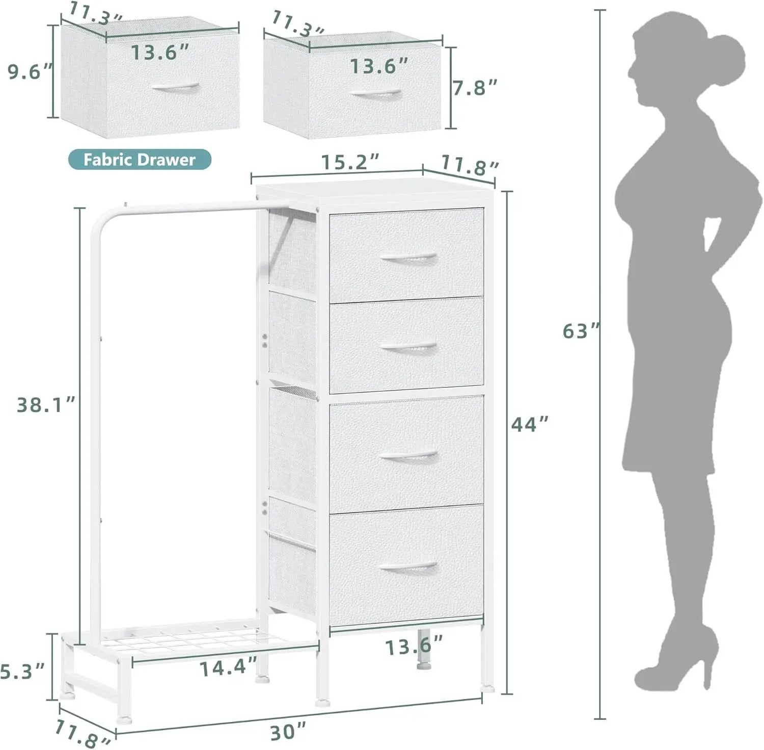 Dresser With Hanging Rack 4 Drawer White 44 Inch Tall from PriceLows™