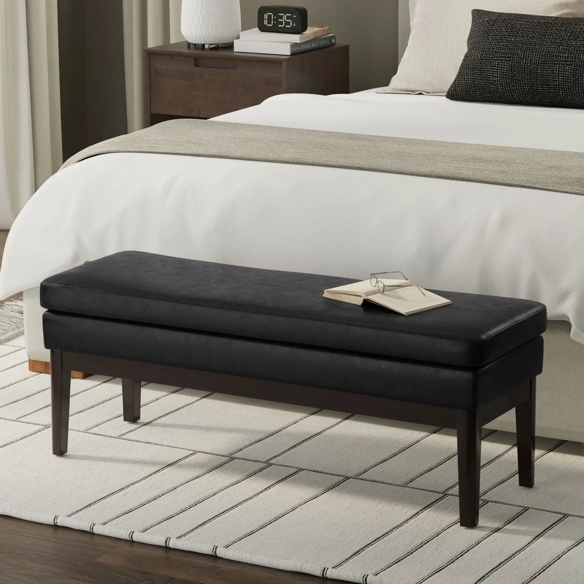 Carlson Ottoman Bench | Mid-Century Design | Top Stitching Detail | Webbed Seat Support