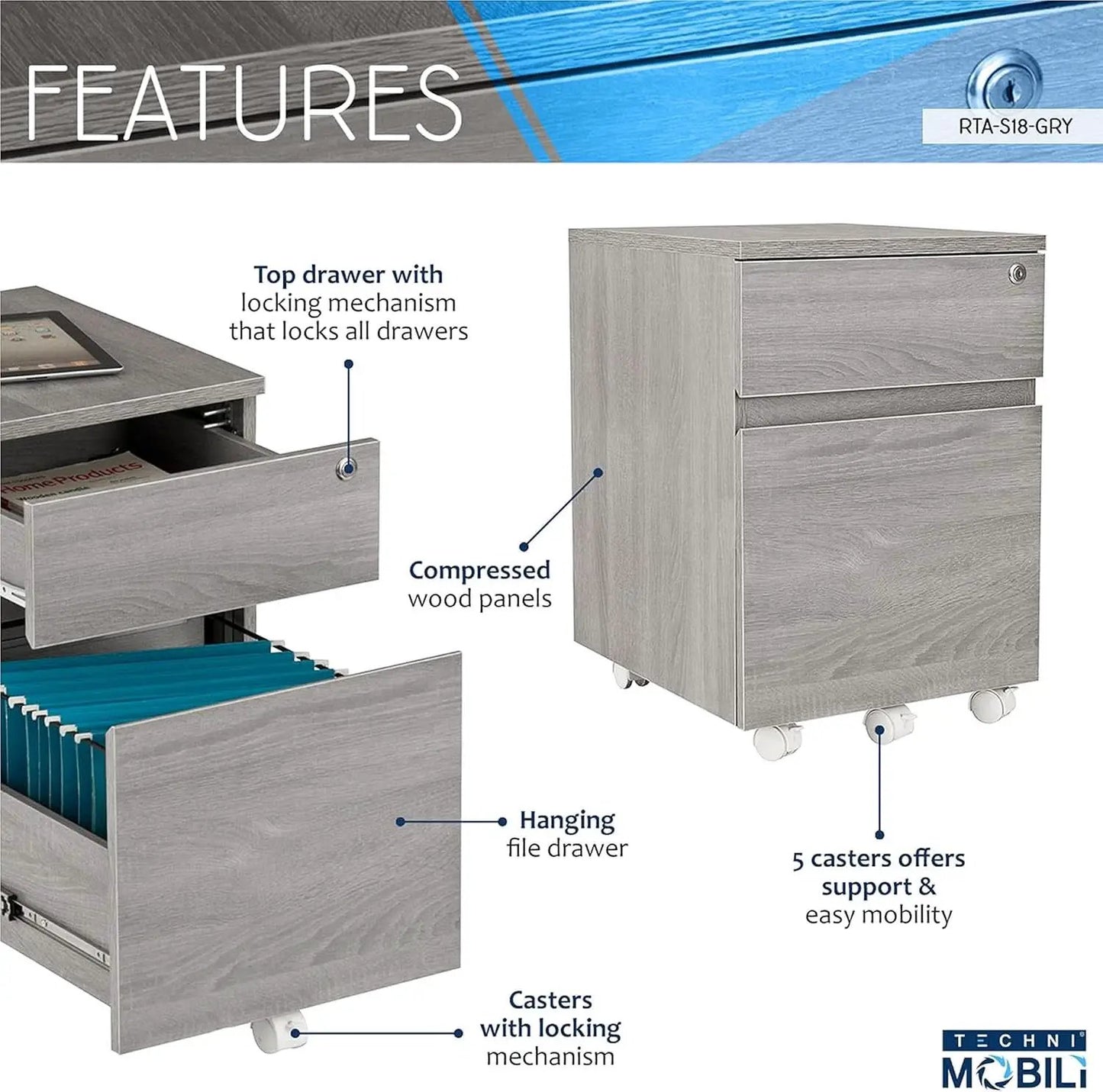 Grey Rolling Locking Two Drawer Vertical Filing Cabinet from PriceLows™