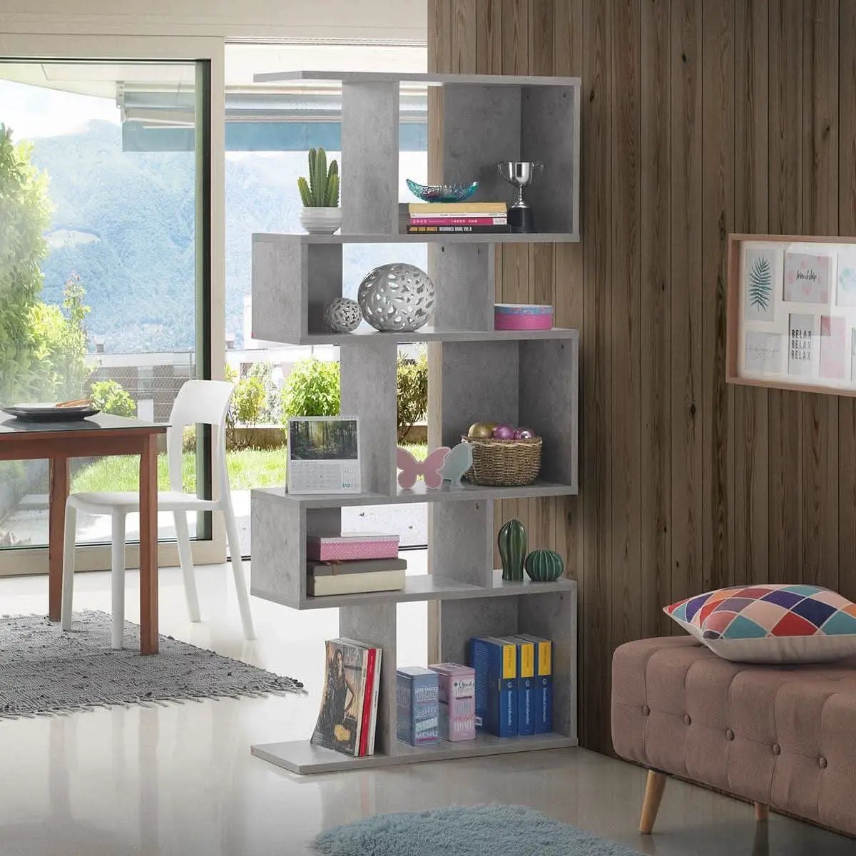 Gray Five Tier Geometric Bookshelf Set Of 2 70 Inch Tall from PriceLows™