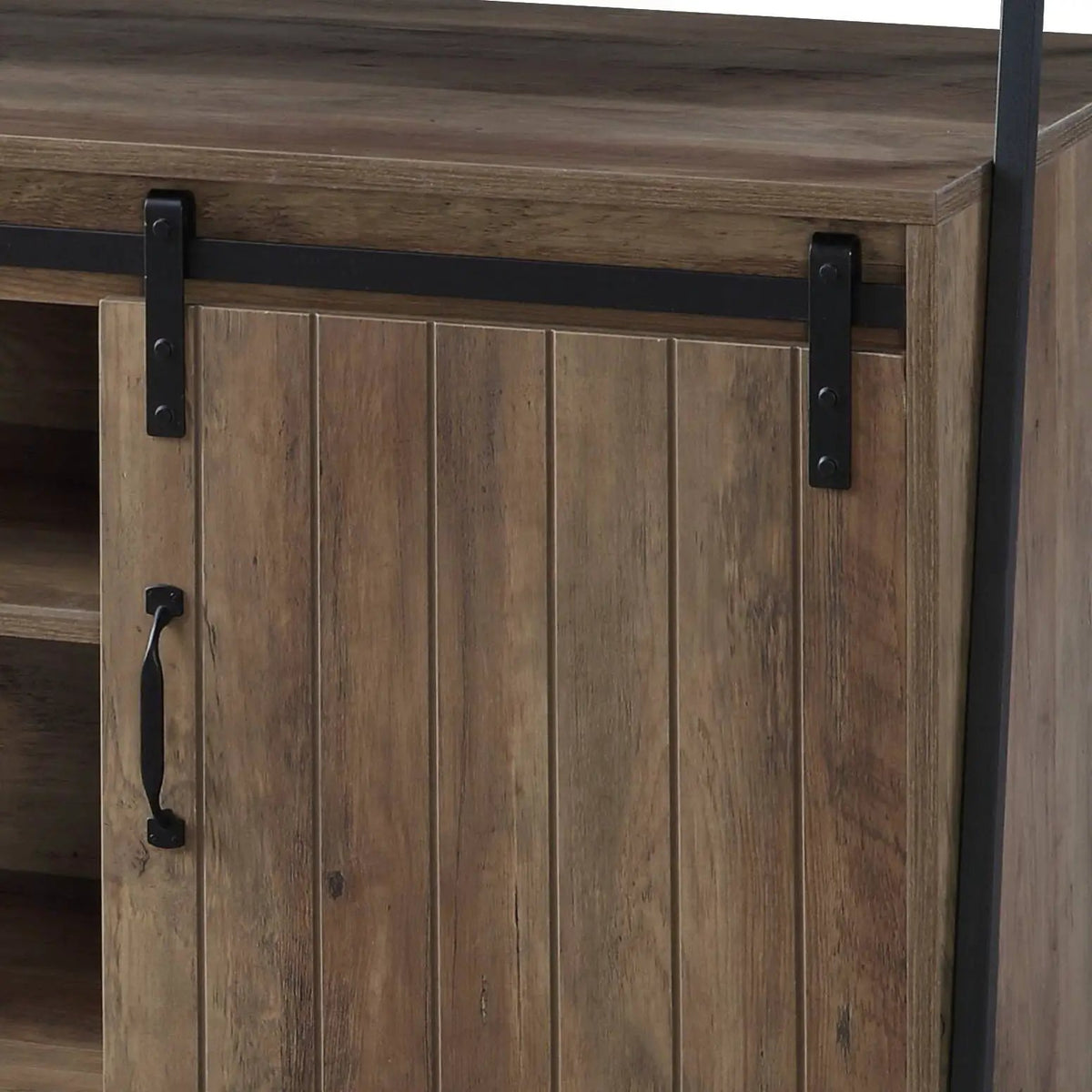 Rashawn Rustic TV Stand | Sliding Barn Doors | Oak Finish | Metal Frame And Composite Wood