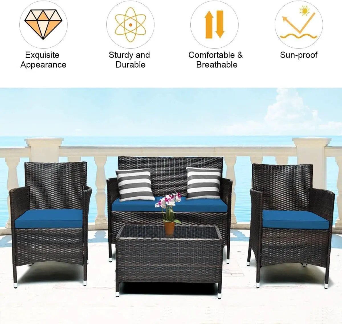 Peacock Blue 4 Piece Rattan Patio Furniture Set With Sectional Sofa from PriceLows™