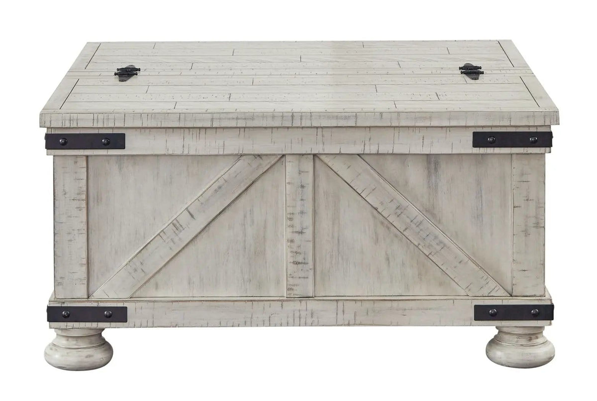 Carynhurst Cocktail Table with Storage | 36 x 36 x 18.25 in | Engineered Wood & Metal | Whitewash