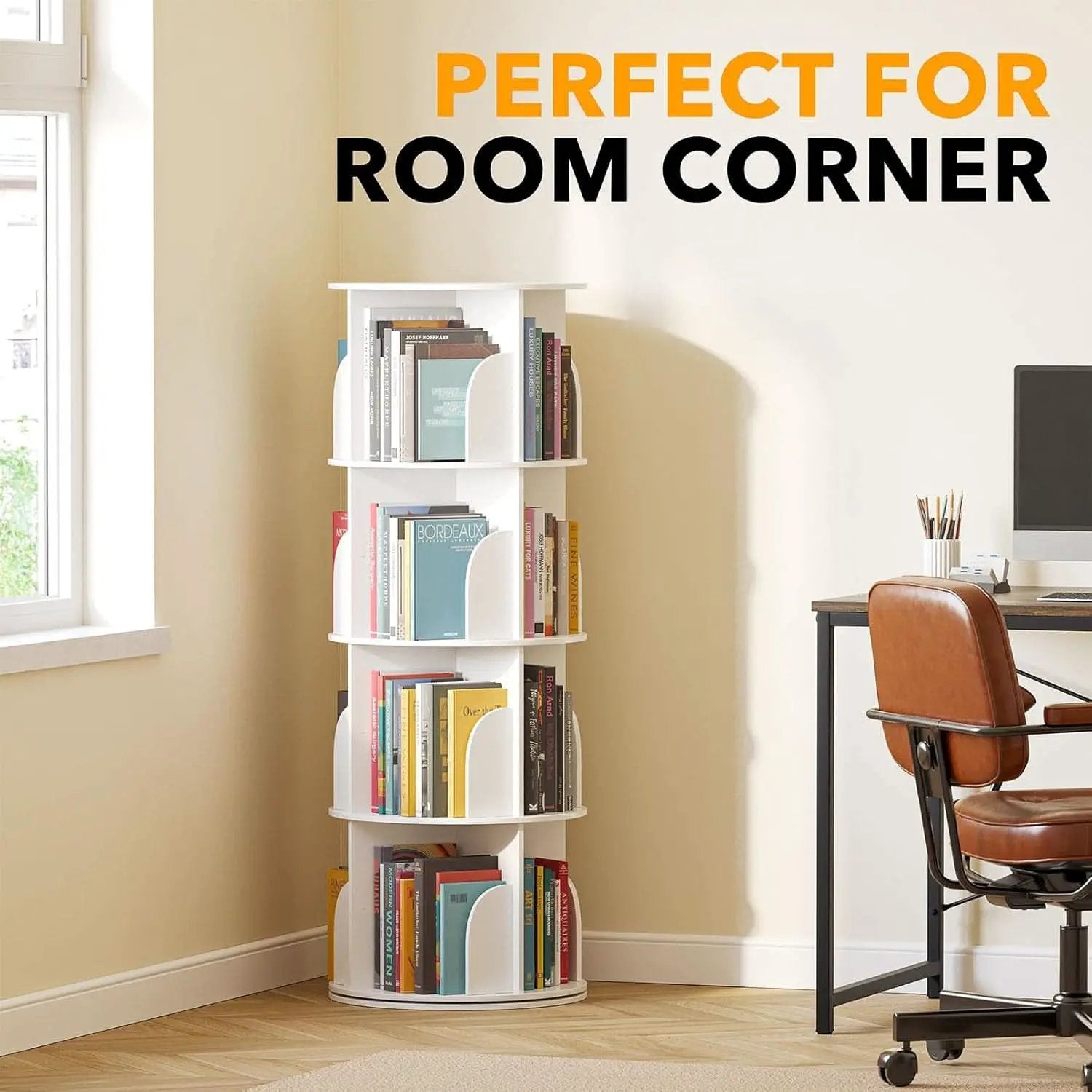 4 Tier Rotating Bookshelf Tower White Spinning Bookcase from PriceLows™