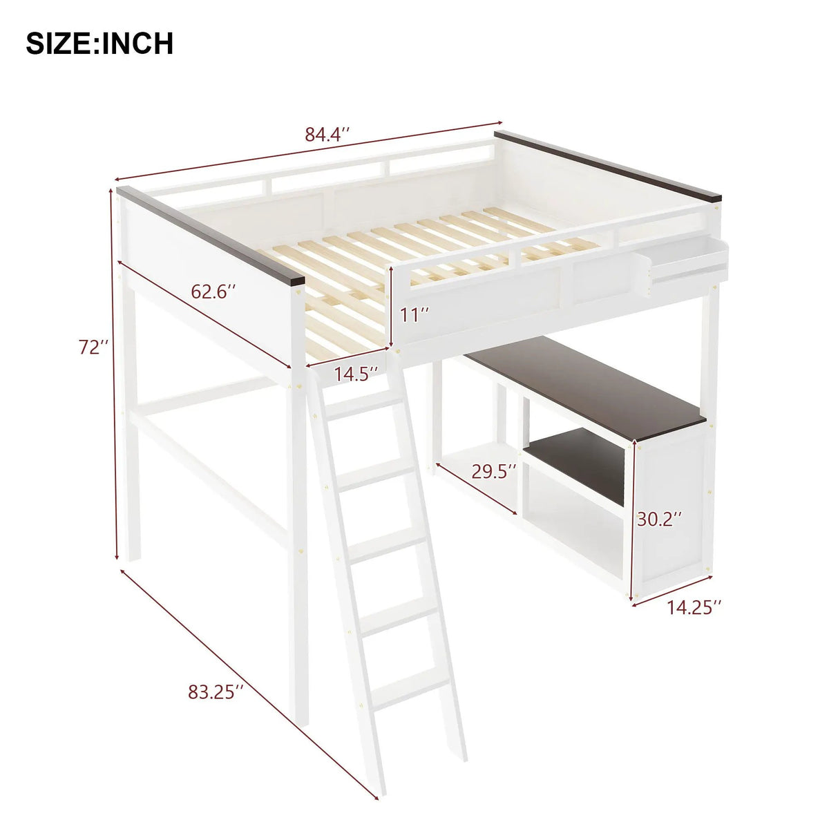 Queen Loft Bed With Desk | White | Open Shelf | USB Charging Station