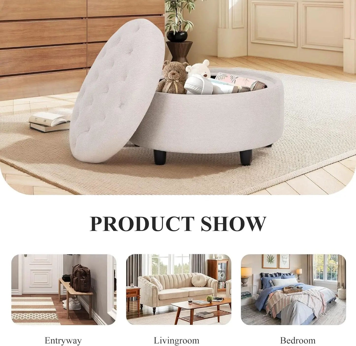 Beige Polyester Circular Storage Ottoman With Tray from PriceLows™