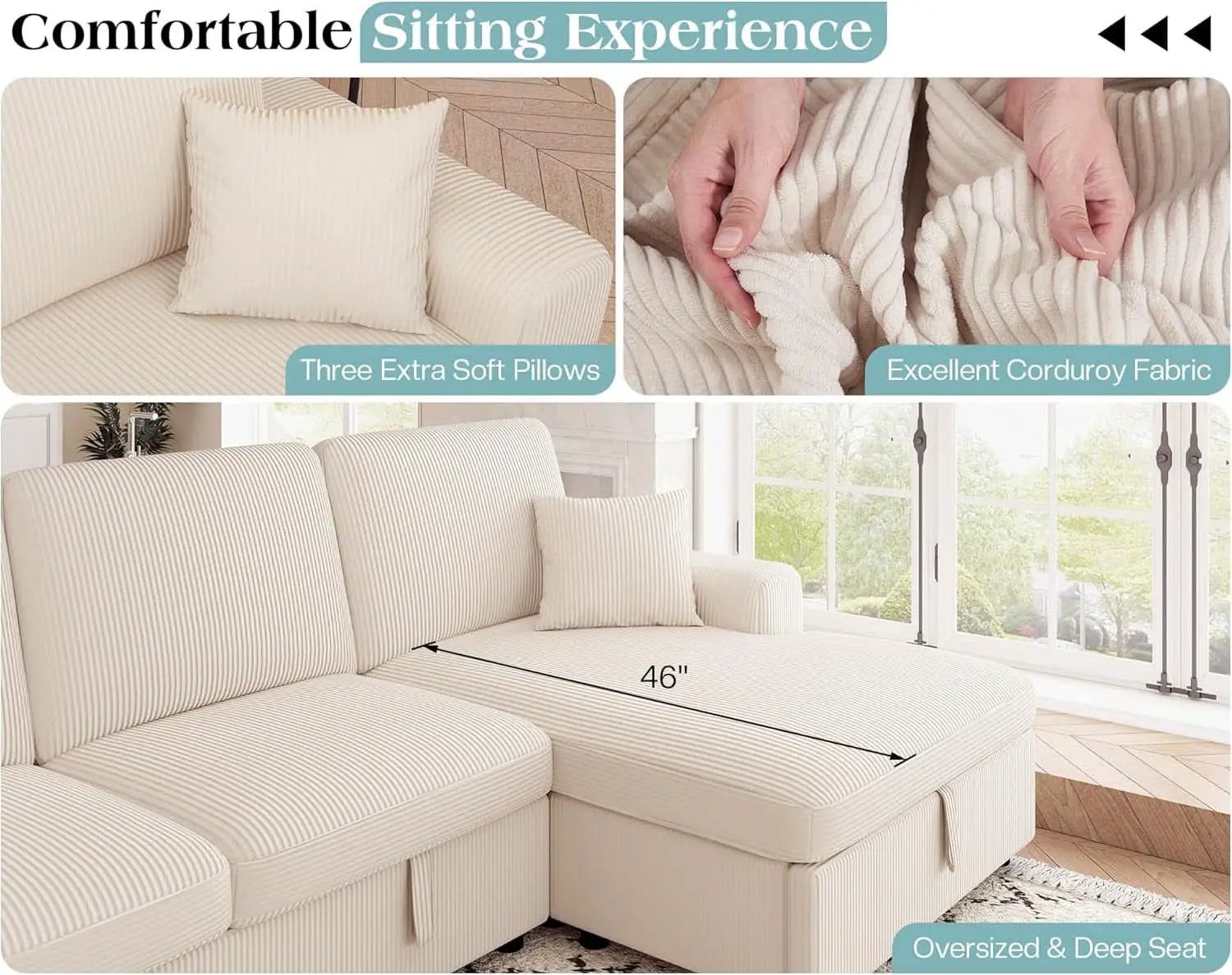 130 Inch Beige Corduroy Sectional Sofa Bed Storage Compartment from PriceLows™