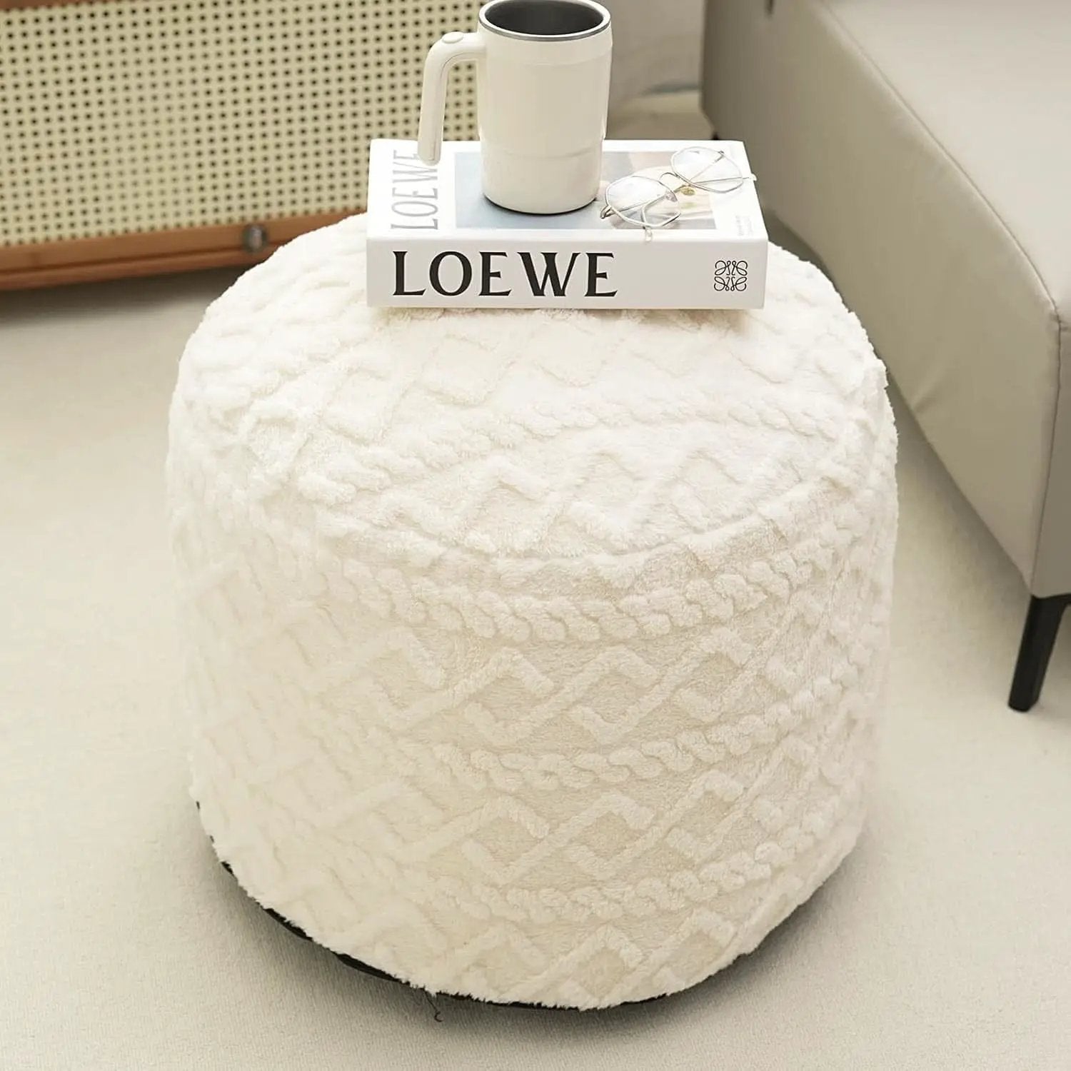 Beige Velvet Texture FauxFur Memory Foam Round Ottoman from PriceLows™