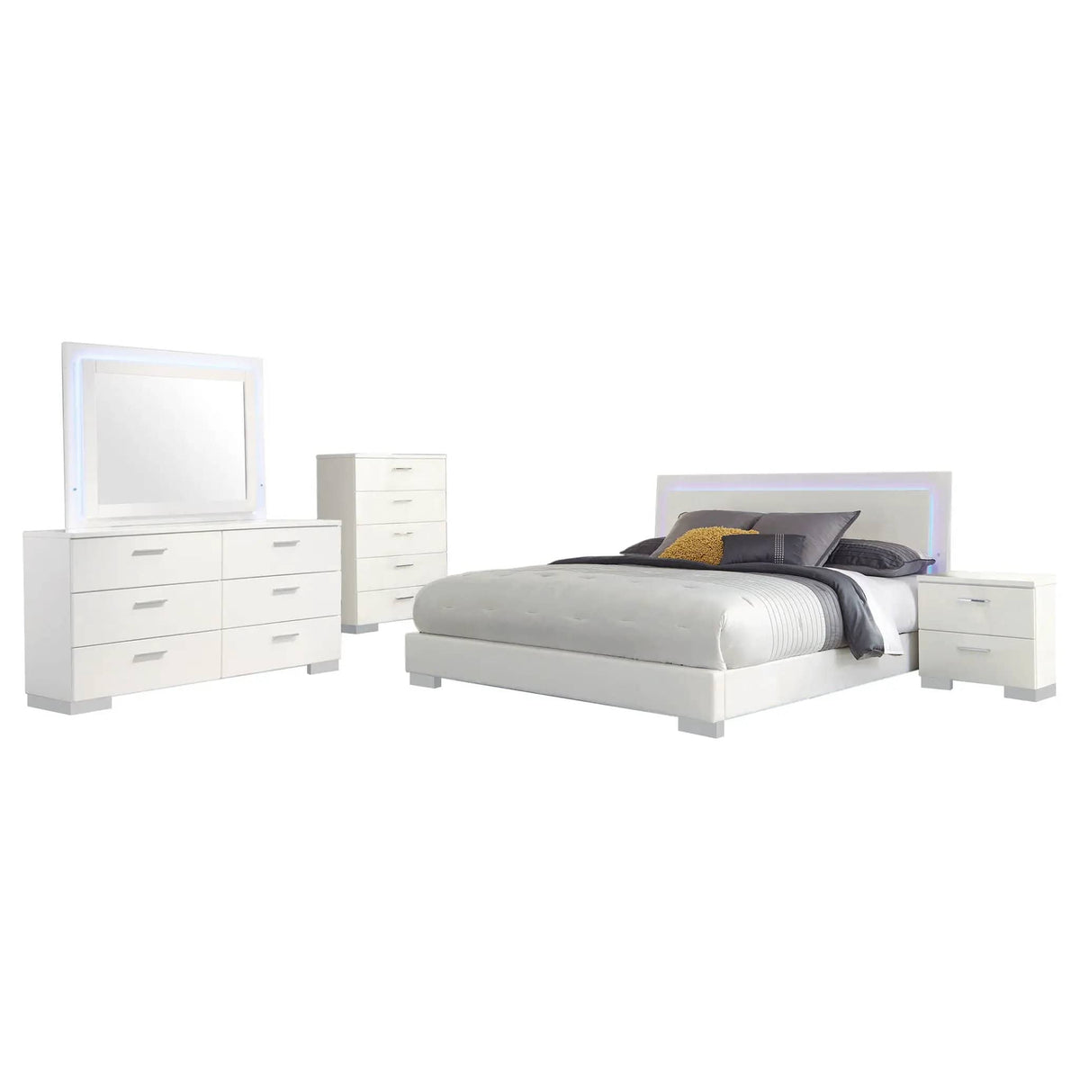 Felicity 5-piece Eastern King Bedroom Set White High Gloss | 5-Piece Set | Faux Leather | Bedroom
