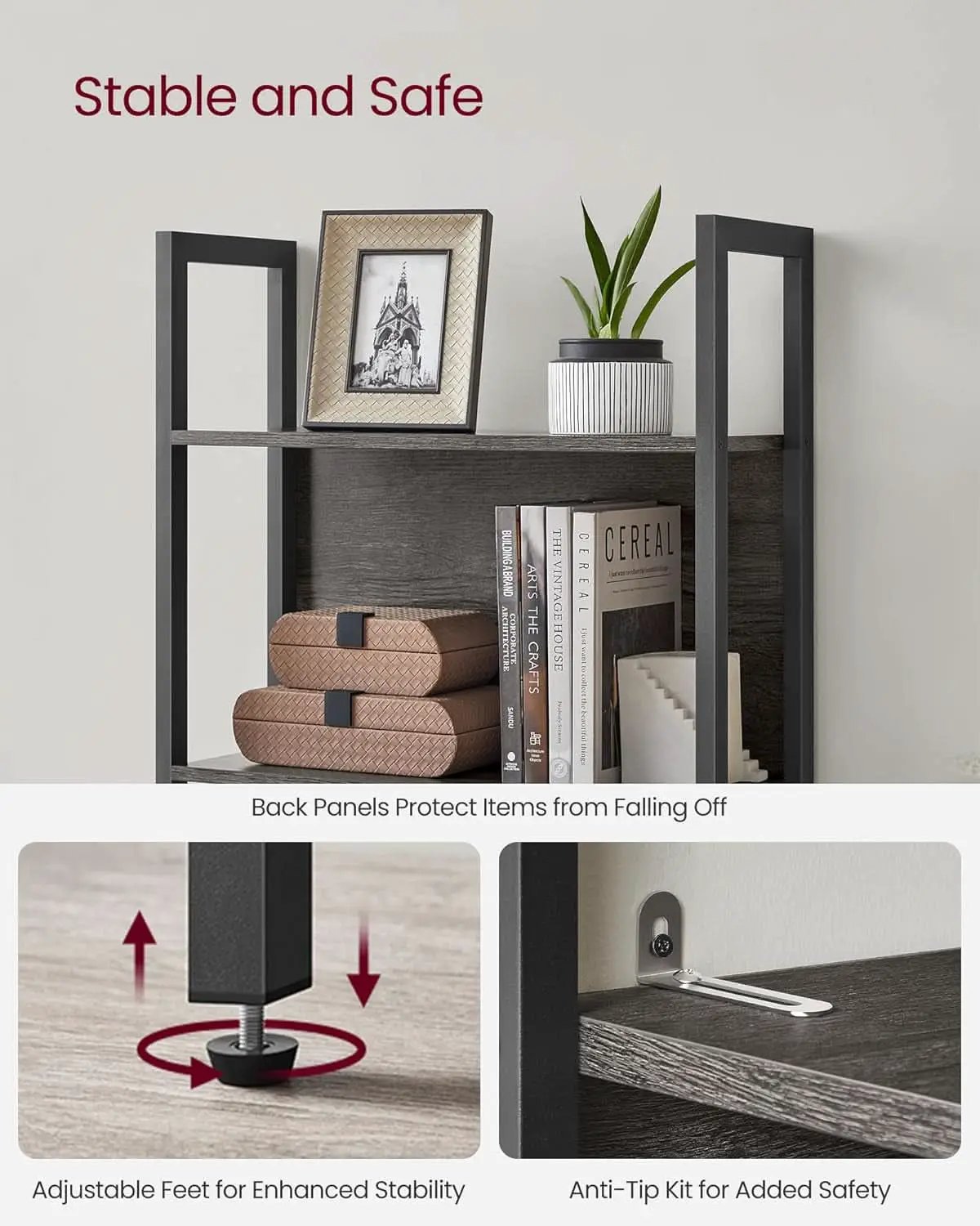 Five Tier Bookshelf With Steel Frame Charcoal Gray Black from PriceLows™