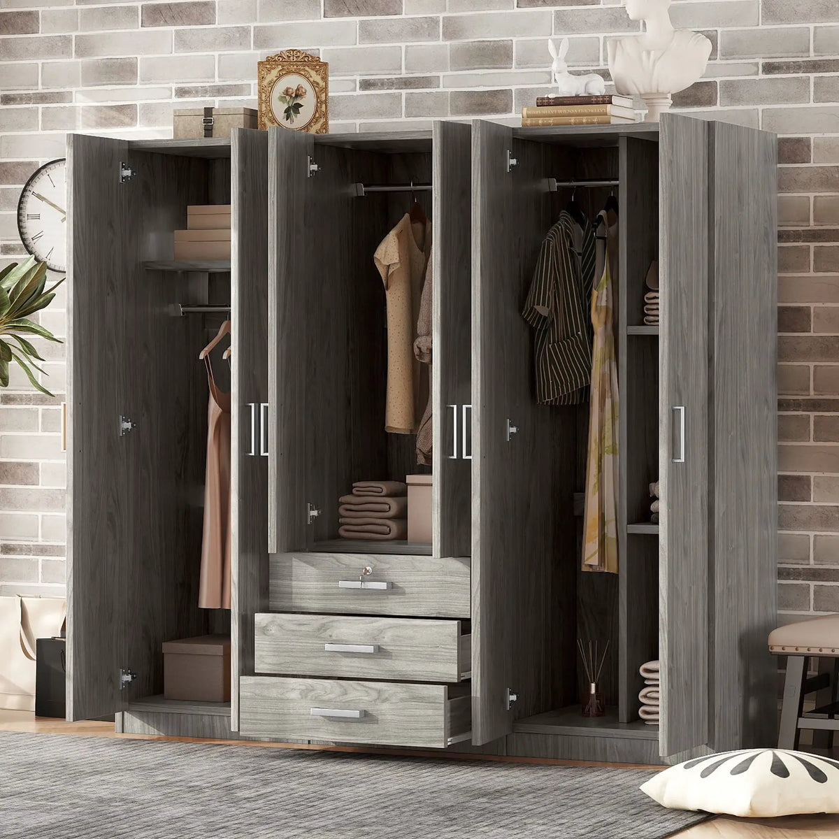6 Door Wardrobe | Bedroom Storage | Big Drawers | 70.9 Inch Width