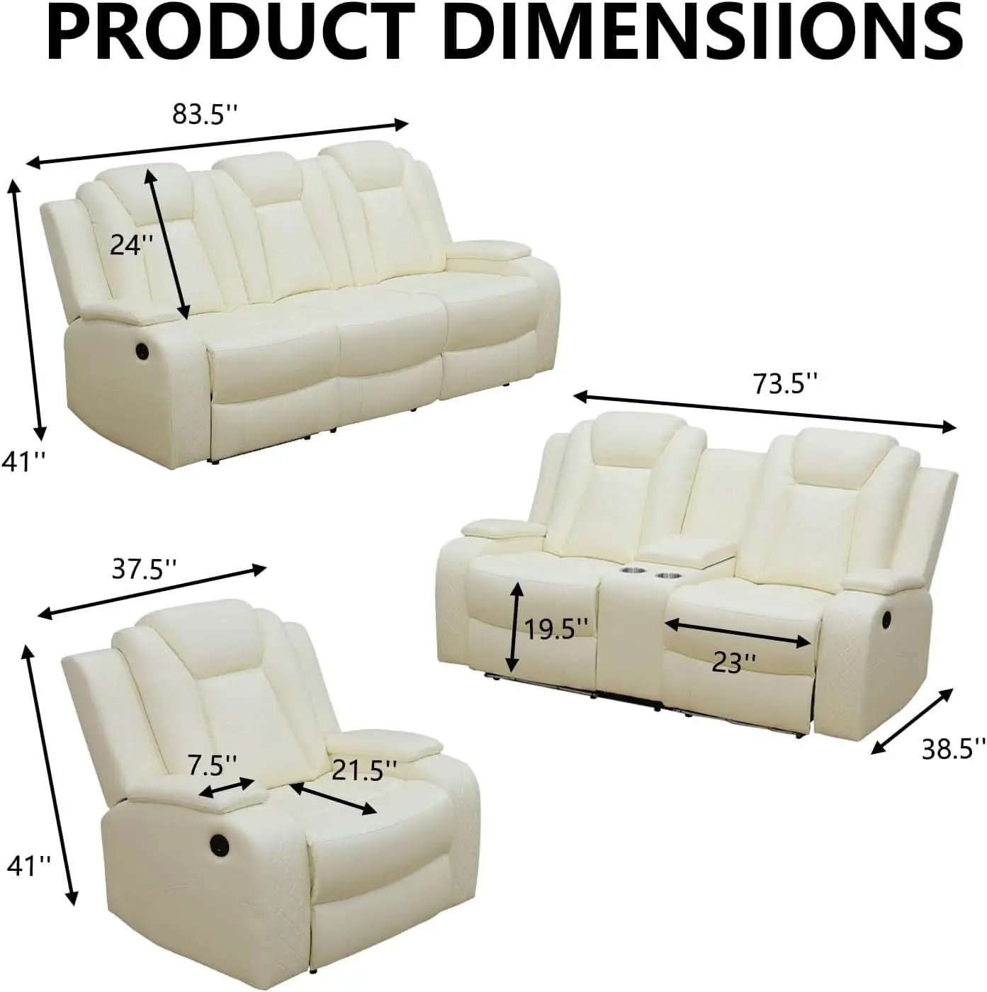 Leather Power Recliner Sofa Set Cream White With USB Port from PriceLows™
