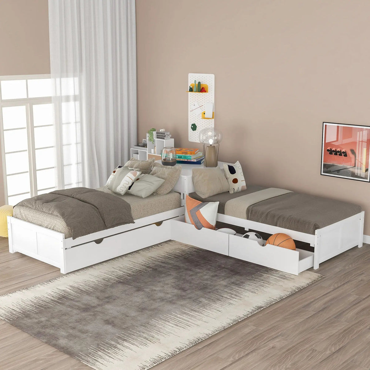 L Shaped Platform Bed | Built In Desk | Trundle With Drawers | Twin Size