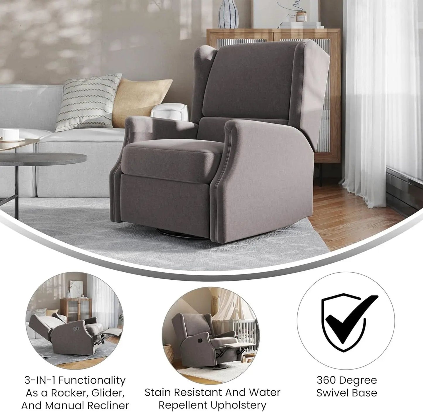 Omma Wingback Swivel Glider Recliner Dark Gray Upholstered from PriceLows™