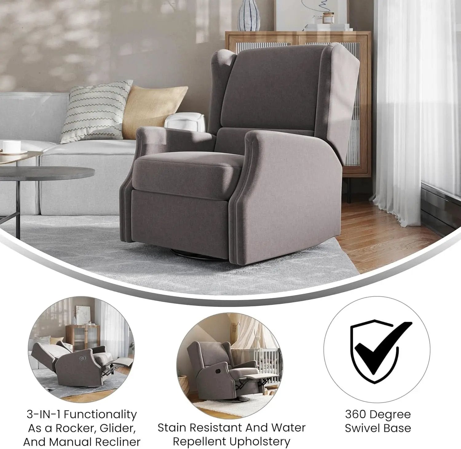 Omma Wingback Swivel Glider Recliner Dark Gray Upholstered from PriceLows™
