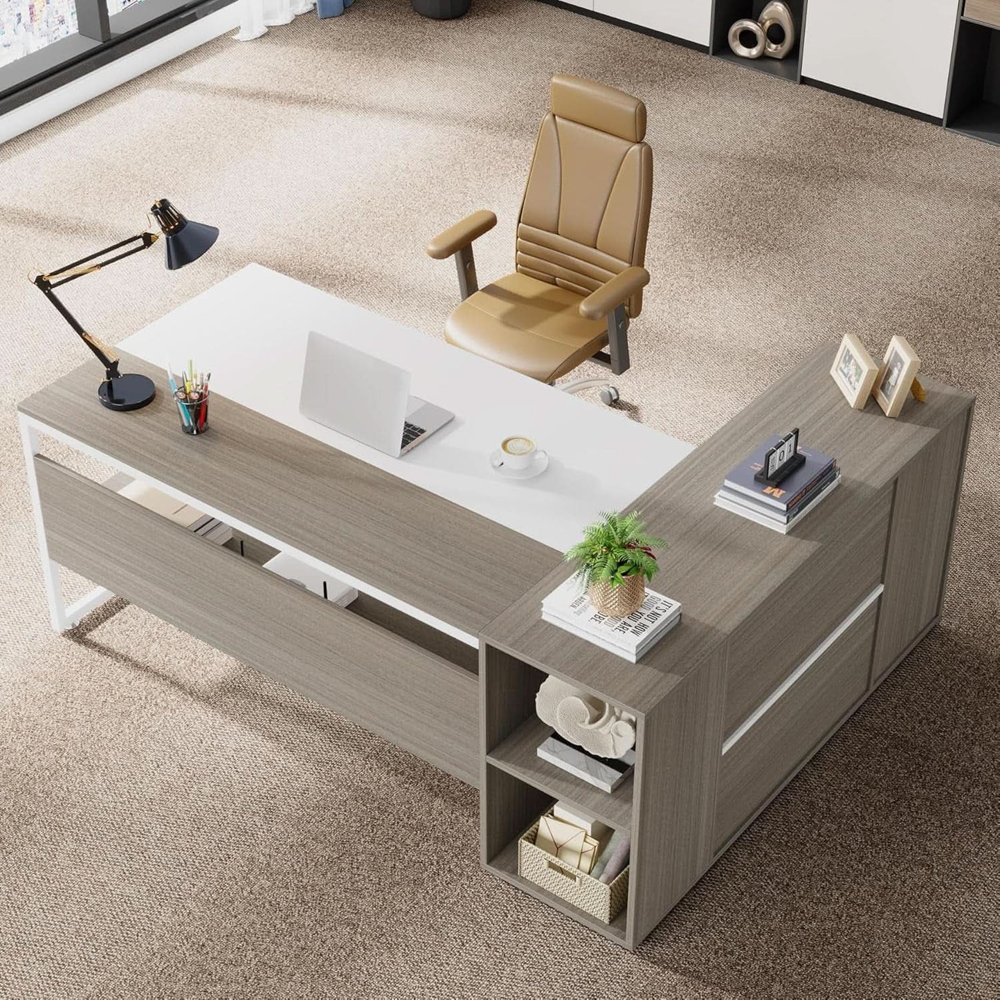 71 Inch Executive L Shaped Desk Cabinets Gray And White from PriceLows™